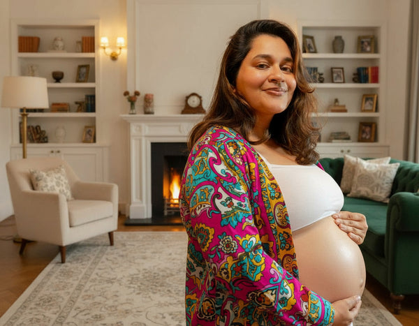 Pregnant woman wearing a white top and beige cardigan against a beige background
