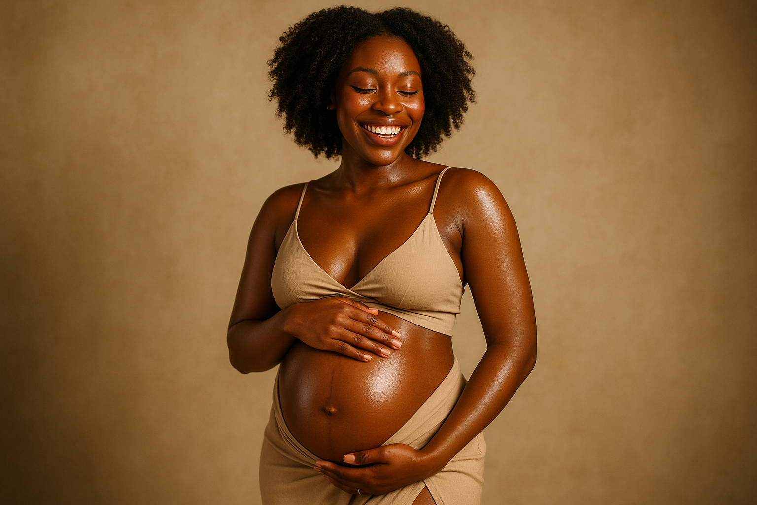 a black Preganct women in skin revealing clothes happy about her skin